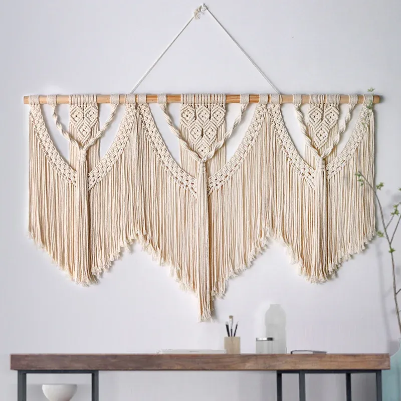 Afralia™ Sizable Hand-Woven Macrame Wall Hanging Tapestry Wooden Stick & Tassels