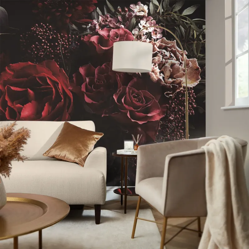 Deep Floral Bouquet Full Wall Mural Pink and Red