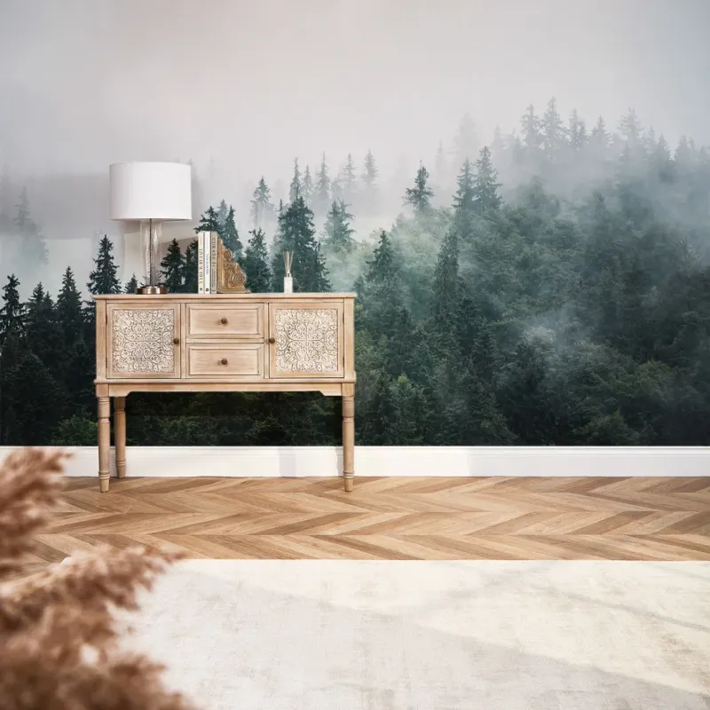 Misty Trees Fall Wall Mural Forest and Grey