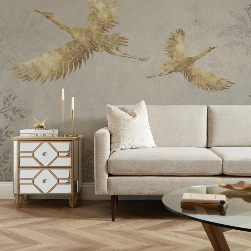 Oriental Cranes Thorough Wall Mural Stone Gold Effect