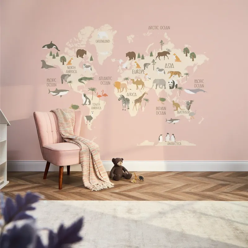 Scandi Safari Map Full Wall Mural Rose