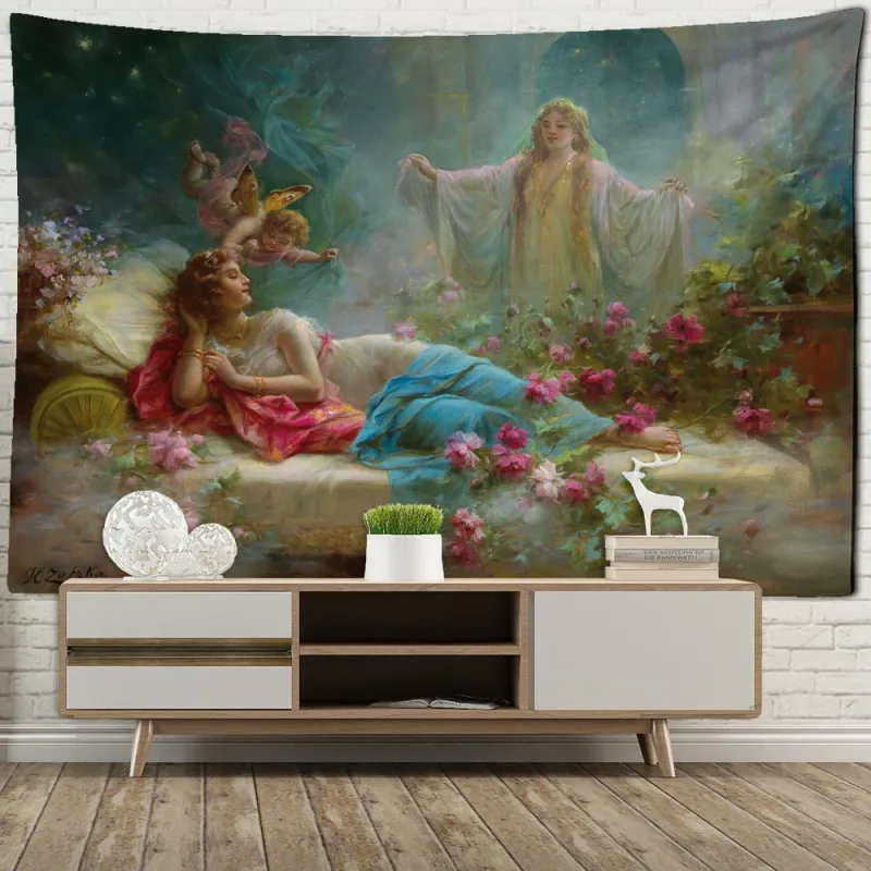 Afralia™ Angels & Beauty Misty Oil Painting Tapestry Wall Hanging Room Decor Eggshell Finish