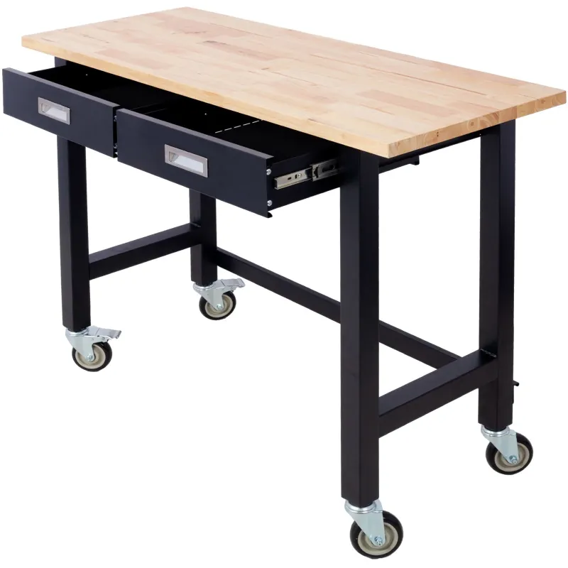 Work Bench, Workbench Drawer Storage, Robust Duty Bamboo Wood Work Table Wheels Garage Home Office Quick-Release Mechanism