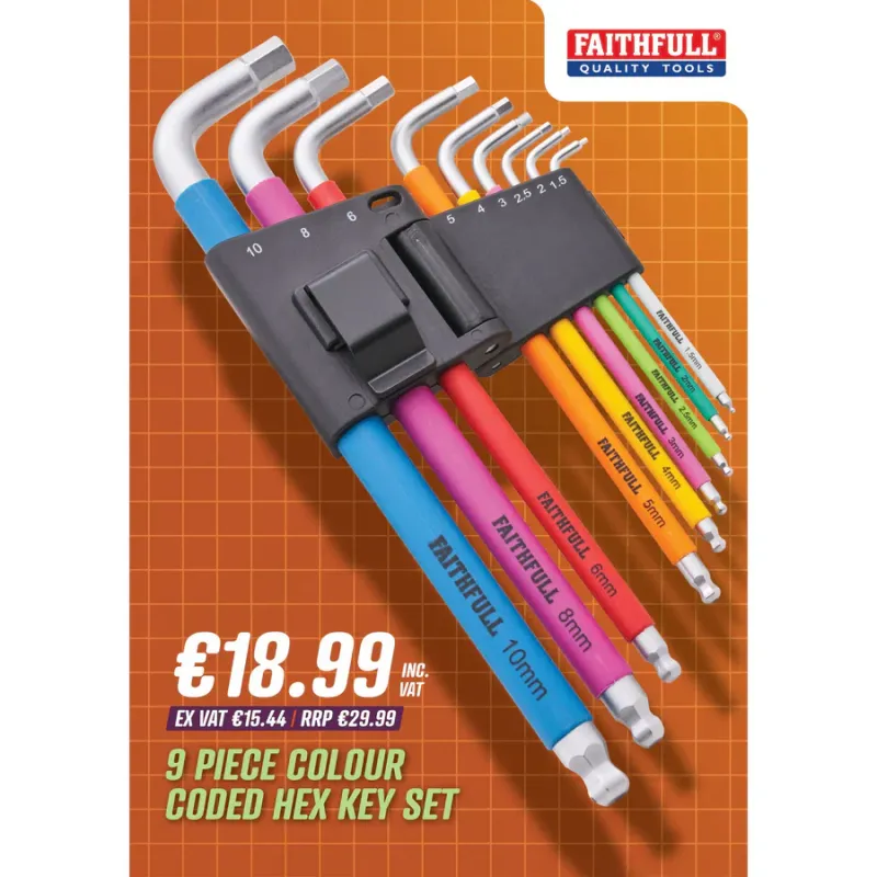 Faithfull 9 Piece Colour Coded Hex Key Adjust - 5704745